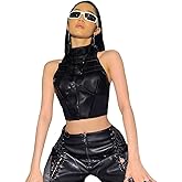 Women's Faux Leather Y2K Tank Top High Neck Front Buckle Punk Slim Fit Bandeau Crop Tops Bustier