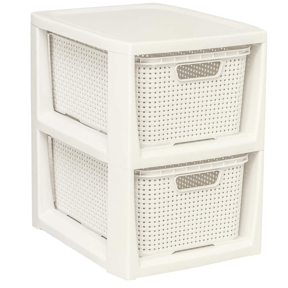 BranQ - Home essential, Rattan Design BPA Free Plastic 2 Drawer Storage Unit, Ideal for Home Office, Bedroom and Bathroom Storage, 29.5 x 24 x 32.8 cm (LxWxH) - Cream