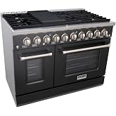 Akicon 48 Inch Freestanding Gas Range - 6.7 cu. ft. Double Rapid Convection Oven - Gas Stove with 8 Sealed Burners &amp; a Griddle, Heavy Duty Cast Iron Grates (Black &amp; Stainless Steel)
