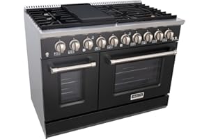 Akicon 48 Inch Freestanding Gas Range - 6.7 cu. ft. Double Rapid Convection Gas Oven - Gas Stove with 8 Sealed Burners & a Griddle, Heavy Duty Cast Iron Grates (Black & Stainless Steel)