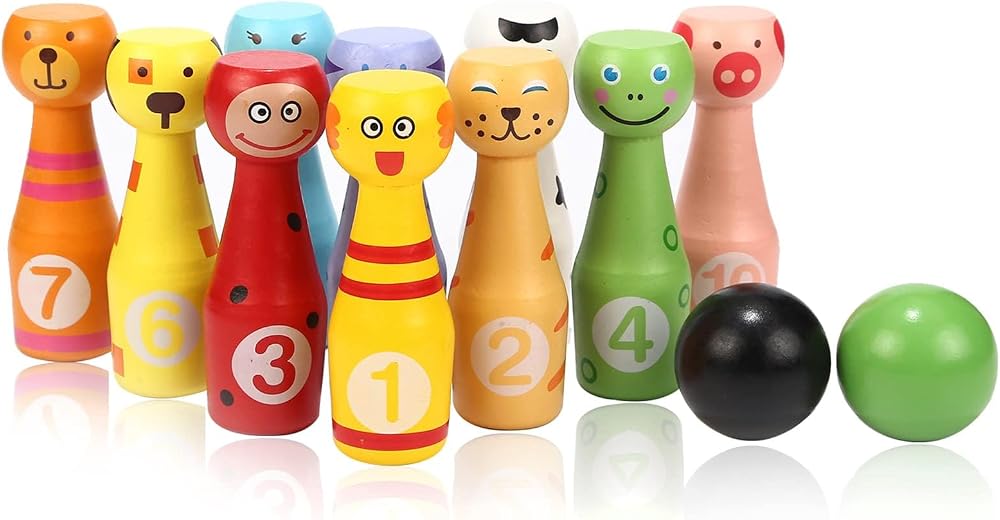 Jacootoys Wooden Bowling Set Skittles with 10 Animal Pins and 2 Balls