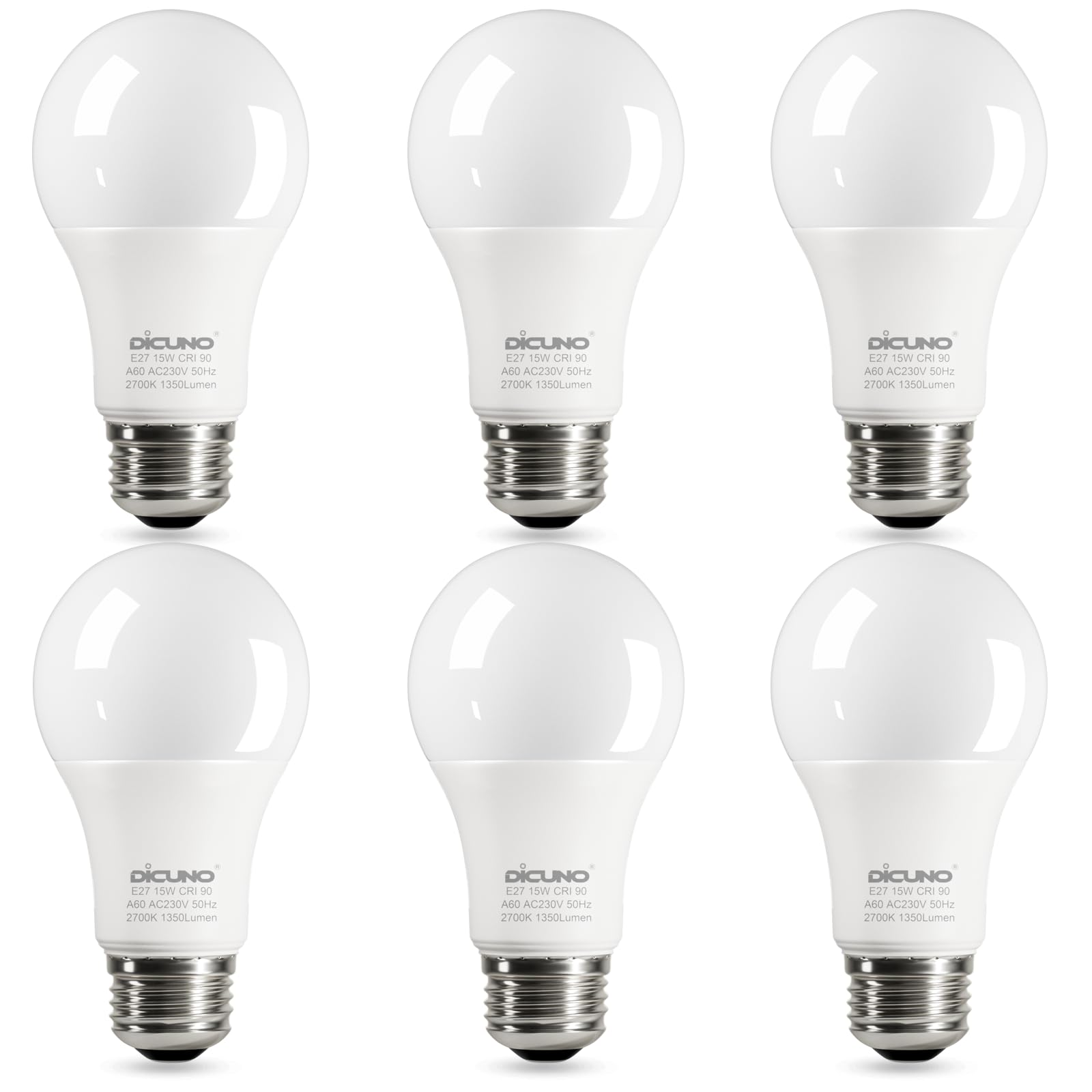 DiCUNO E27 Screw LED Bulb 100 Watts Equivalent, Warm White 2700K, Large Screw in Light Bulb 15W, 1350 LM, Non-Dimmable, No Flickering Lightbulbs for Lamp, 6 Pcs