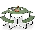 Giantex Picnic Table Set for Up to 8 Persons, Round Outdoor Table and Bench Set with Umbrella Hole, HDPE Top & Metal Frame, 2000LBS Capacity, Patio Table Bench Set for Deck Backyard Garden (Green)