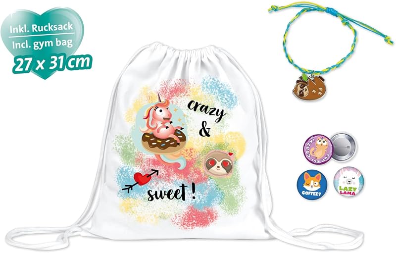 - 42706 - Set de Bricolage Batik Crazy & Lazy, avec Sac à Dos en Lin 27 x 31 cm, 4 Couleurs de confettis, 3 Crayons Textiles, Feuilles à Repasser, Button Pins et Bracelet, dès 8 Ans
