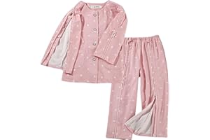 SOEDZUNG Kids Medical Fracture Recovery Set, Zip-Up Hospital Gown for Arm Cast & Post-Surgery Care, Soft Cotton Long Sleeve Top & Pants(Pink,L)