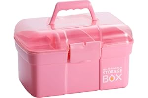 Kinsorcai 11'' Plastic Storage Box with Removable Tray, Multipurpose Organizer and Storage Case for Art Craft and Cosmetic (Pink)