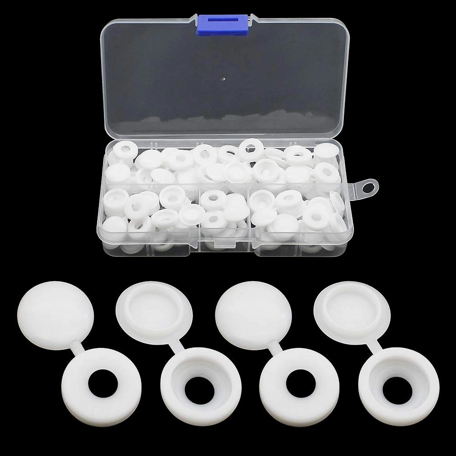 JaneYi (100 Pieces) White Screw Cap Plastic Hinged Screw Cover Caps Snap-on Screw Head Covers Replacement Self-tapping Screw Decorative Covers with Storage Box for Furniture Cabinet Cupboard Shelf