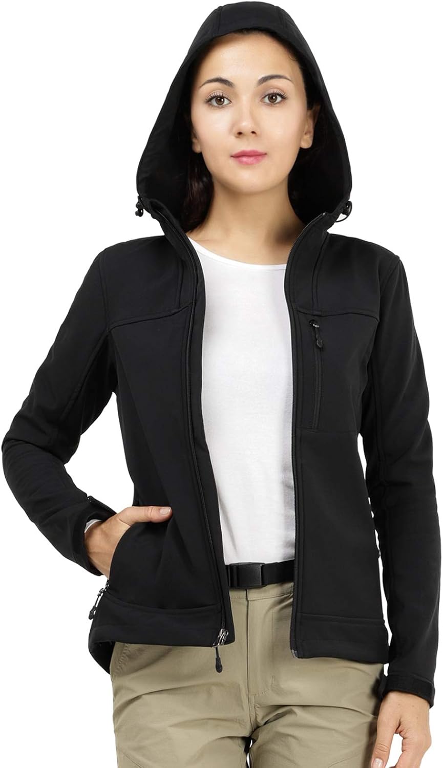 MIER Women's Hooded Softshell Jacket Tactical Jacket with Fleece Lined for Hiking Travel Work Casual, Water Resistant, Black: Clothing