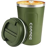 Insulated Travel Coffee Mug,Reusable Coffee Cups with Leakproof Lid,Stainless Steel Portable Coffee Tumbler,Spill Proof Heat-Retaining Cup for Keep Hot or Ice Coffee Milk Tea and Beer (Green, 380ml)
