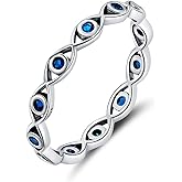 BISAER Evil Eye Ring 925 Sterling Silver with Royal Blue Gemstones Classics Lucky Eye Cubic Zirconia Stacking Eternity Finger Rings Bands Promise Ring for Lover Size 6-9…