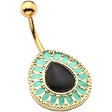 Jovivi Turquoise Crystal Stainless Steel Gold Tear Drop Ball Navel Belly Barbell Ring Body Piercing Pierced Jewellery