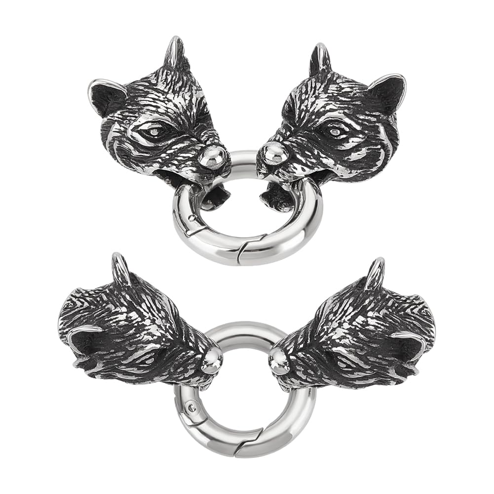 UNICRAFTALE 2 Sets Tibetan Style Stainless Steel Wolf Head End Caps with Spring Gate Rings Animal Bracelet Making Cord Ends O Rings Antique Silver Bracelet Clasps Connected for Jewelry Making