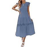 ZESICA Women's Casual Crew Neck Flutter Sleeve Smocked High Waist Hollow Out Lace Trim Tiered A Line Midi Dress