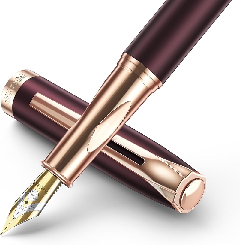 BOCIYER Samurai Fountain Pen Set with Titanium Tip Bent Nib 8 Cartridges Dark