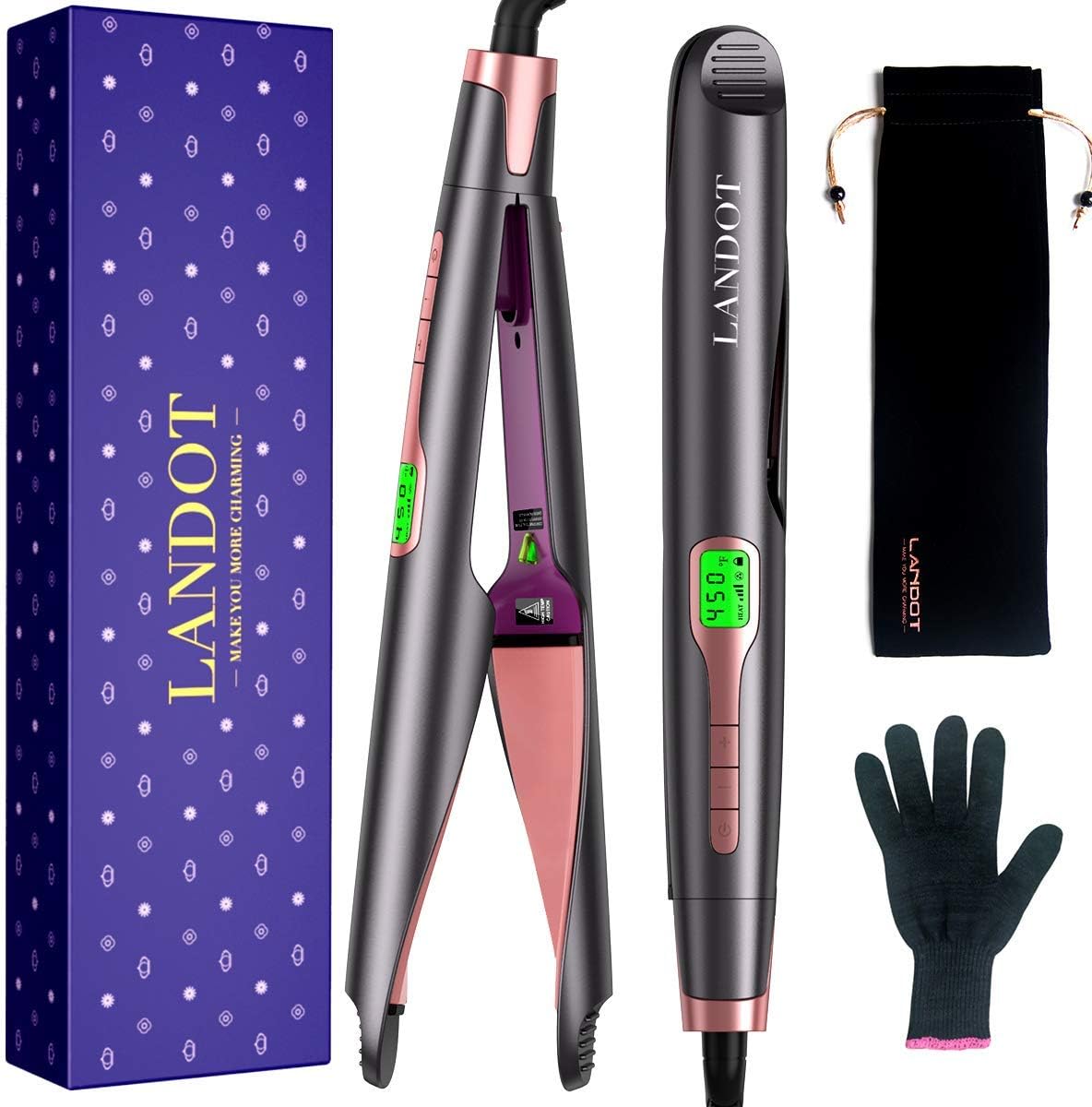 LANDOT Hair Straightener and Curler 2 in 1, Twist Straightening Curling Iron, Professional Negative Ion Flat Iron with Adjustable Temp for All Hair Types, Instant Heating, Dual Voltage: Health & Personal Care