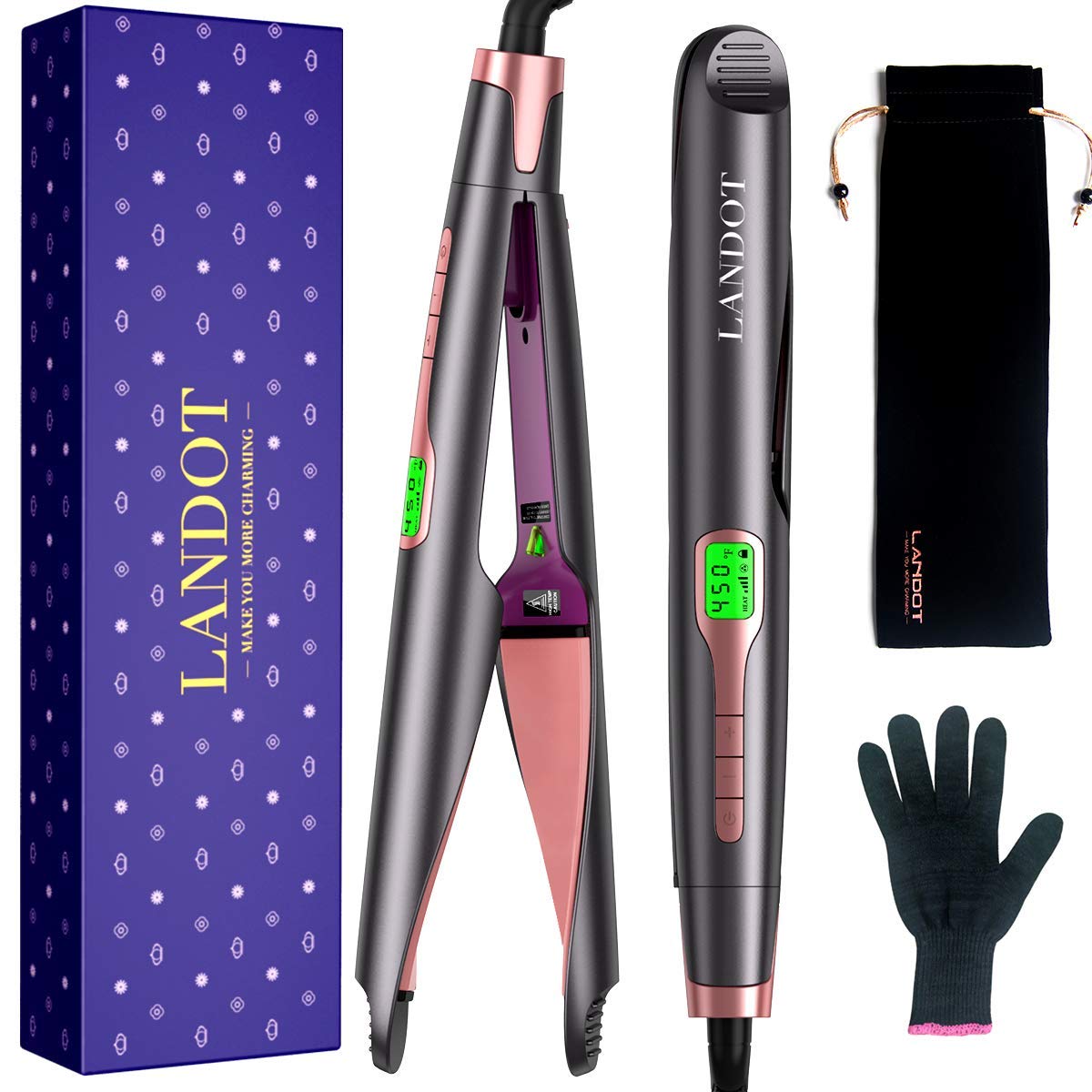 LANDOT Hair Straightener and Curler 2 in 1, Twist Straightening Curling