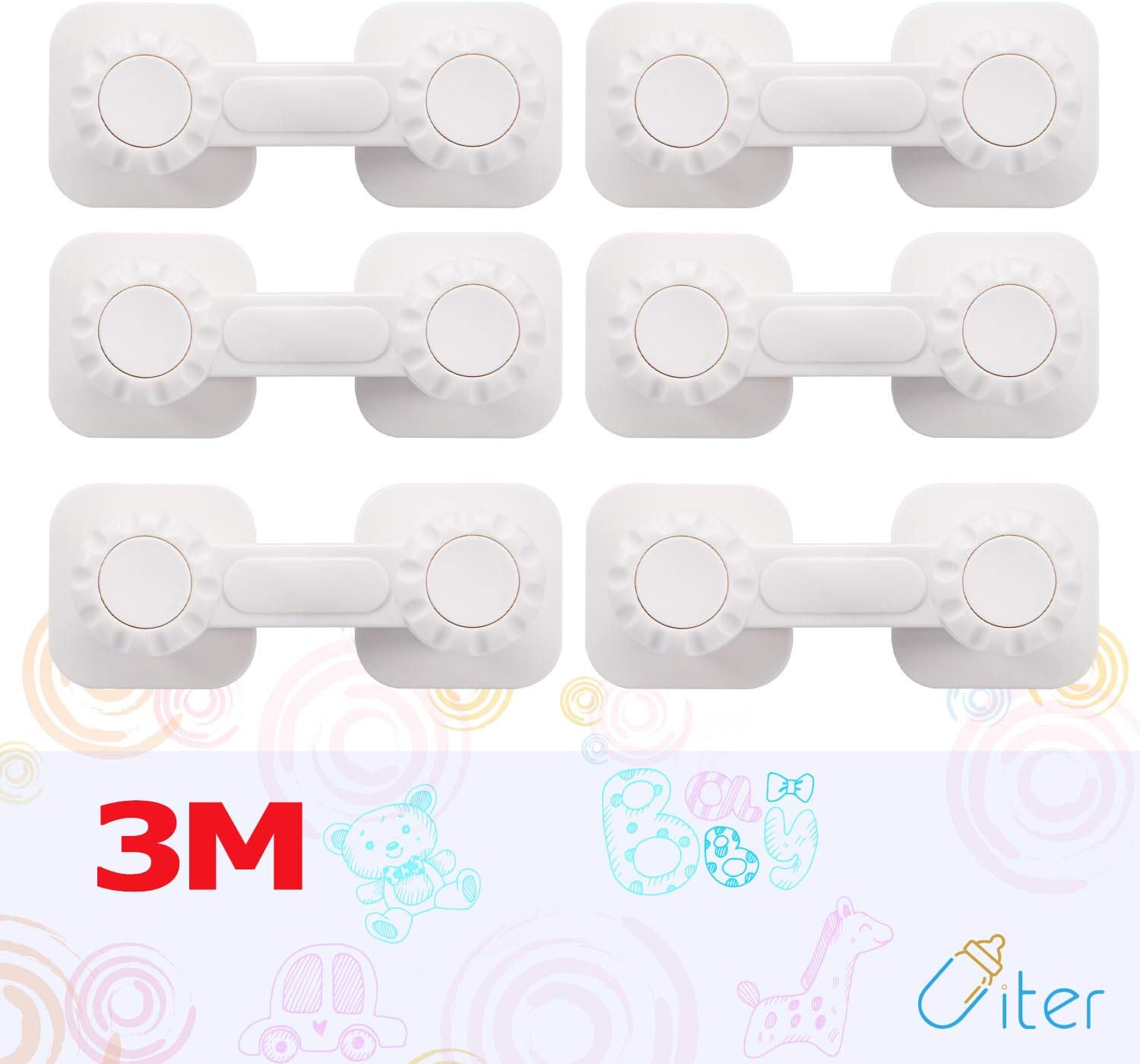 Baby Safety Locks-Uiter Cabinet Locks for Drawer&Kitchen with 3m Adhesive Double Locking Protection (6 Pack)