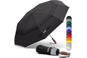 Royal Walk Windproof Folding Travel Umbrella Compact and Strong Luxurious Real Wood Handle Automatic Open Close Vented Double Canopy for Men and Women