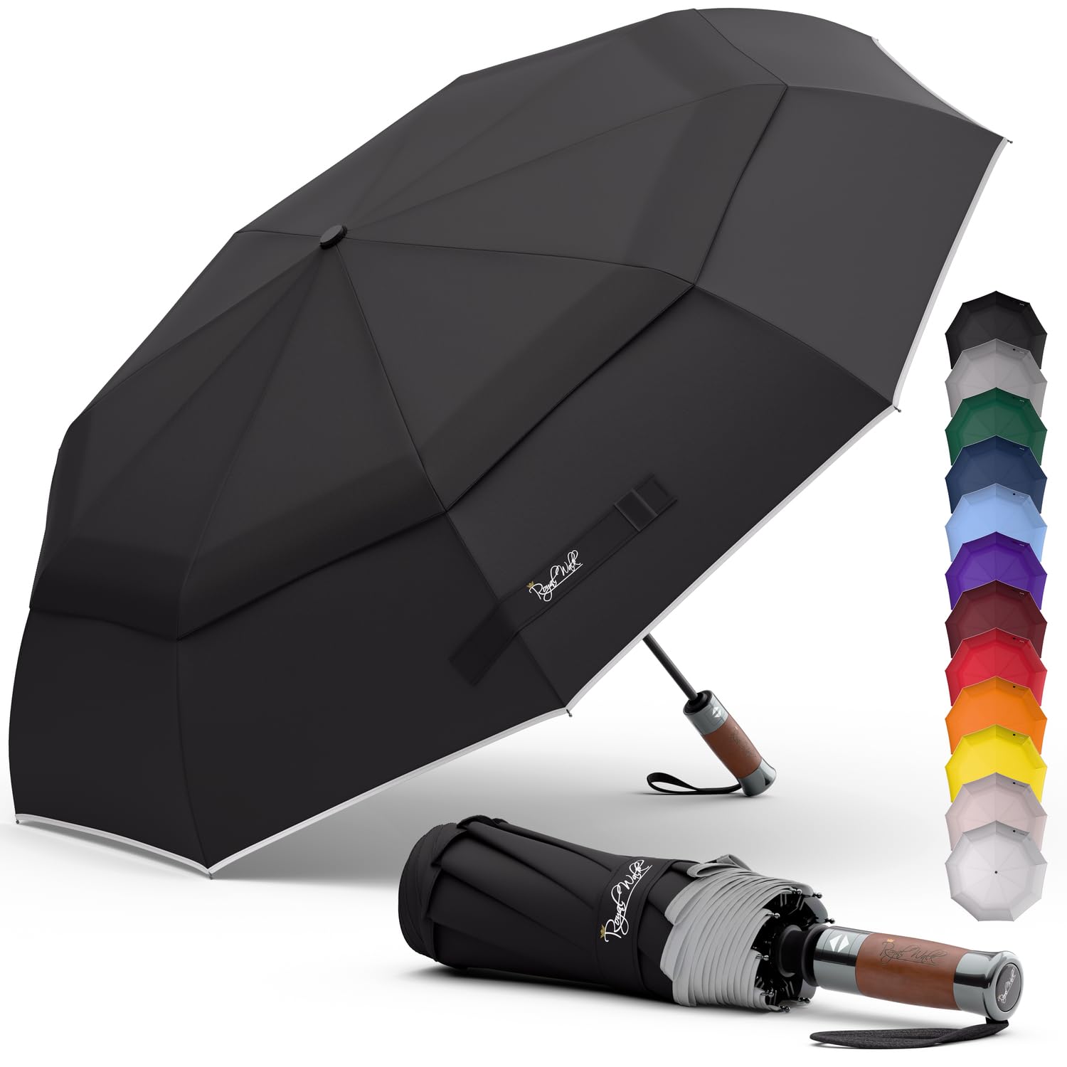 Royal Walk Windproof Folding Travel Umbrella Compact and Strong Luxurious Real Wood Handle Automatic Open Close Vented Double Canopy for Men and Women (Black) — image 1