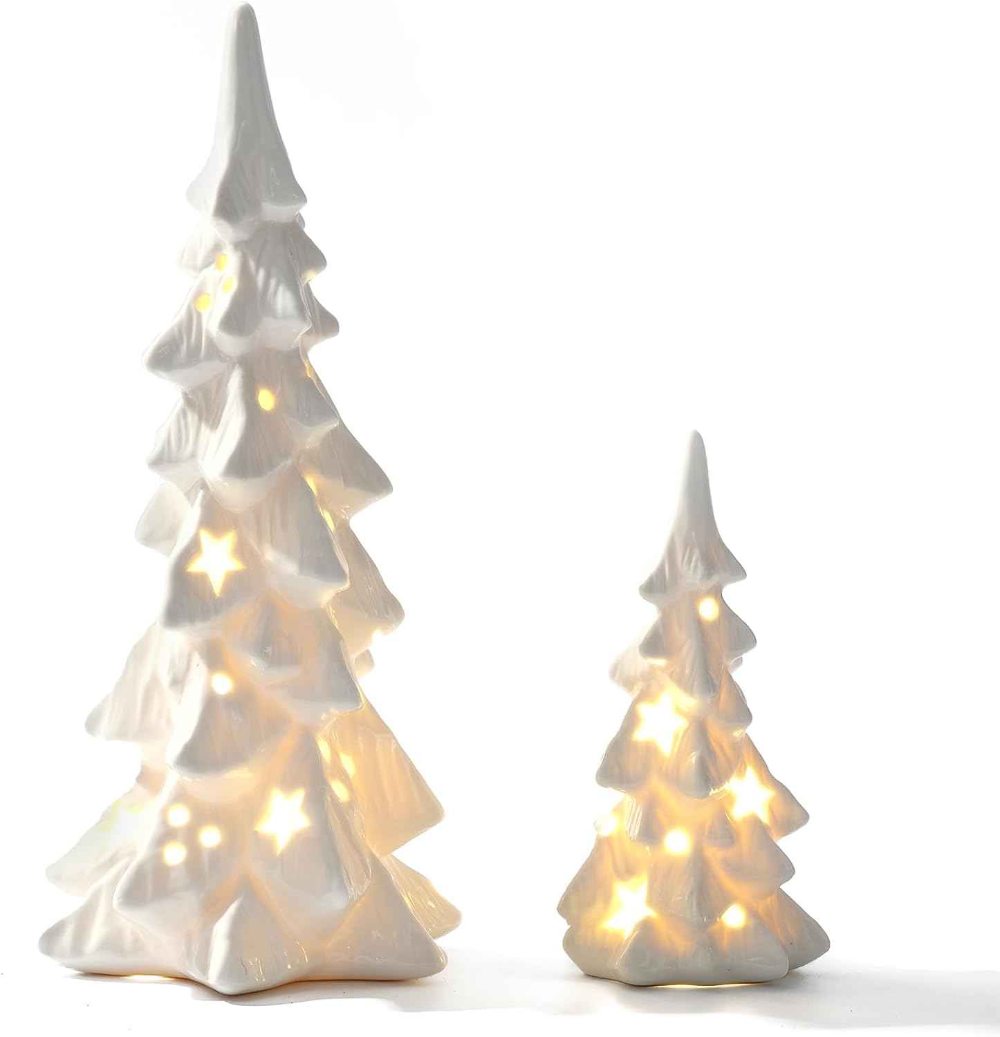 Trees - DN DECONATION White Ceramic Christmas Tree That Light Up, 2Pcs Porcelain Christmas Tree with Lights, Stars and Dots Cutouts Prelit Tabletop Xmas Tree Figurines, Modern Christmas Decor, Gift