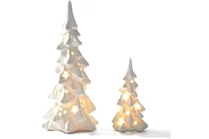 DN DECONATION White Ceramic Christmas Tree Clearance That Light Up, 2Pcs Porcelain Christmas Tree with Lights, Stars and Dots Cutouts Prelit Tabletop Xmas Tree Figurines, Modern Christmas Decor, Gift