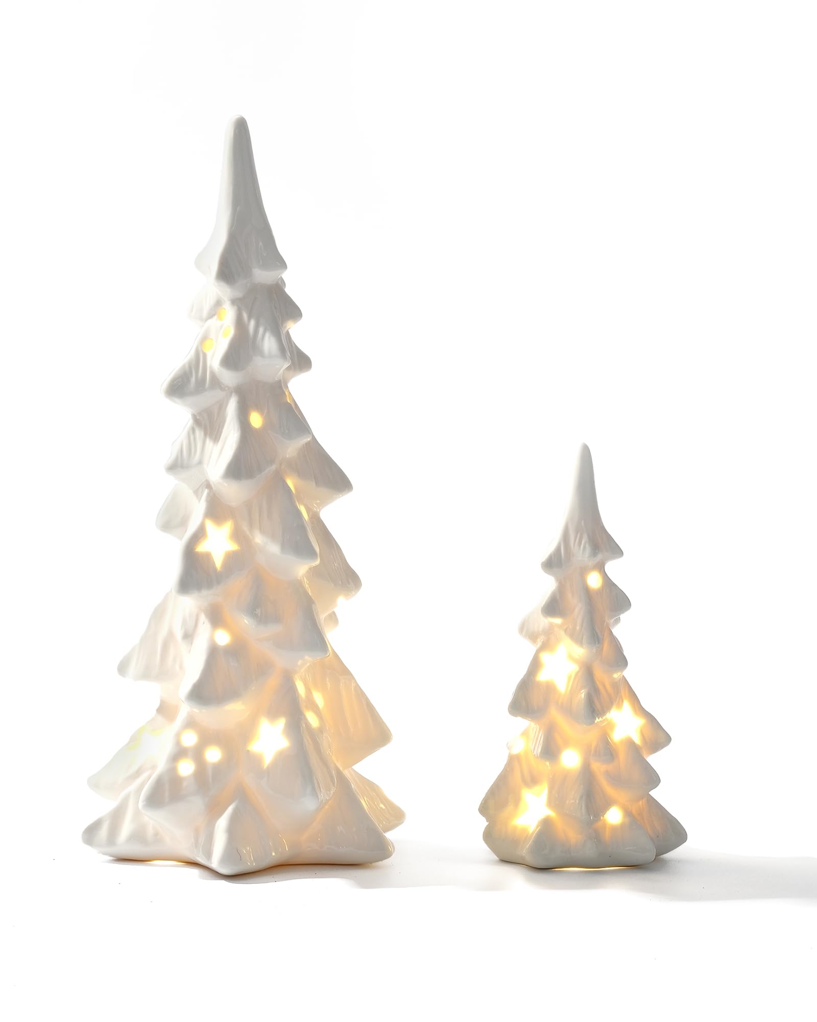 Photo 1 of DN DECONATION White Ceramic Christmas Tree Clearance That Light Up, 2Pcs Porcelain Christmas Tree with Lights, Stars and Dots Cutouts Prelit Tabletop Xmas Tree Figurines, Modern Christmas Decor, Gift
