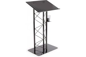 Displays2go Truss Lectern Podium Stand with Truss Design, Built-in Shelf, 27" w x 48" h x 18.5" d, Aluminum and Steel Construction, Black