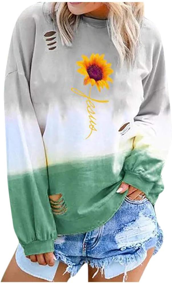 Sunmoot Clearance Sale Womens Pullover Gradual Printed Long Sleeve Thin Crew Neck Simple Relaxed Sweat Top Sweatshirts