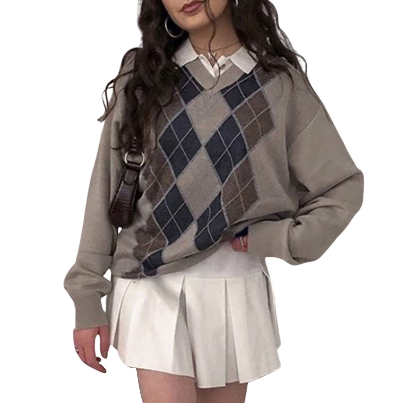 Women Y2K Argyle Striped Pullover Sweater Casual