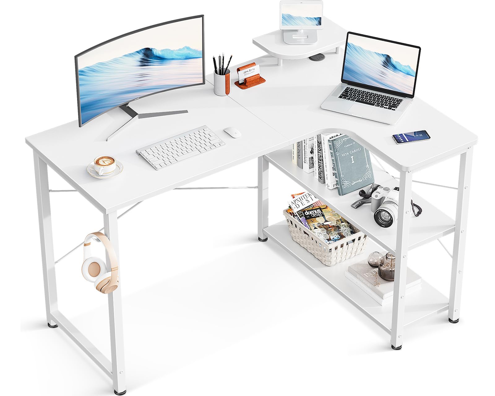 ODK ゲーミングデスク L字 パソコンデスク 幅110 デスク desk 机 pcデスク 棚付き オフィス ワーク 在宅勤務 桌子 作業机 組立簡単 ホワイト 右棚商品画像