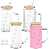 Maucircol 16 Oz Snow Globe Tumbler With Handle, Pre-Drilled Double Wall Snow Globe Glass Cup For Glitter, 4 Pack