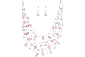 ERRALLY Multi-Layer Boho Shell Beaded Necklace for Women Colorful Crystal Strand with Silver Beads Statement Collars Necklace and Earrings Costumes Jewelry Sets for Women