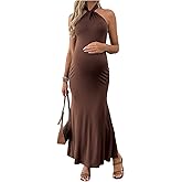 OYOANGLE Women's Maternity Halter Dress Bodycon Solid Sleeveless Pregnancy Maxi Dresses