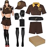 Hicarer 8 Pcs Halloween Women Postal Delivery Costume Includes Small Shipping Boxes, Brown Top and Shorts, Adjustable Belt, Fanny Pack, Hat, Stockings, Fingerless Gloves for Cosplay