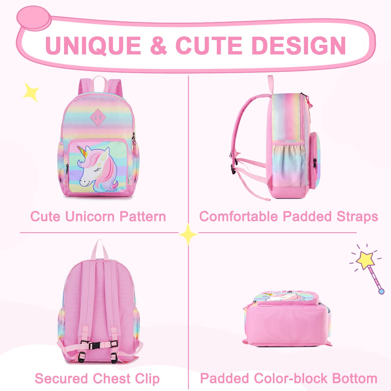 VASCHY Unicorn Backpack for Little Girls, Cute Rainbow Glitter