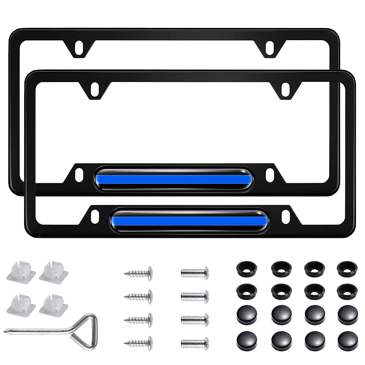 Photo 1 of 2-Pieces High-Grade Police Support License Plate Frame, Anodized Aluminum Thin Blue Line Car License Plate Frame with Free Caps