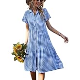 chouyatou Women's Summer Flutter Sleeve Midi Long Gingham Dress Plaid Button Down Shirt Dress