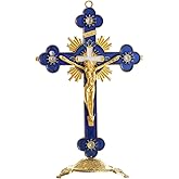 KOMI Blue Standing Metal Crucifix, 5 Inch Catholic Jesus Detachable for Home Tabletop Office Church, Faith Christian Gifts
