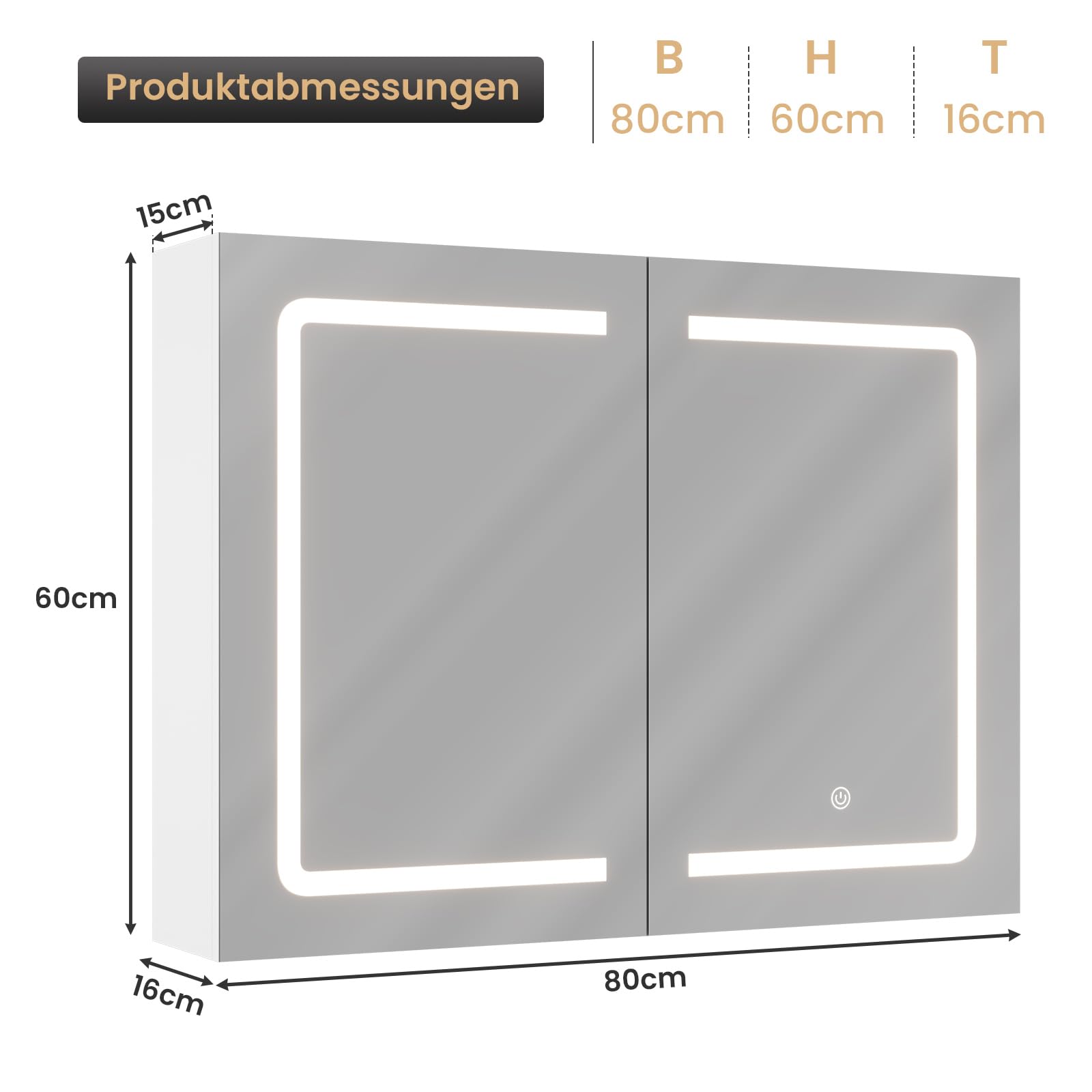DICTAC Badezimmer spiegelschrank mit Beleuchtung 80x60x16cm Spiegelschrank Bad mit LED und Steckdose 80 cm Breit Doppeltür Badschrank mit Spiegel und Ablage,Hängeschrank,Berührung Sensorschalter,Weiß 7
