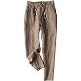 IXIMO Women's Tapered Pants 100% Linen Drawstring Back Elastic Waist Ankle Length Pants