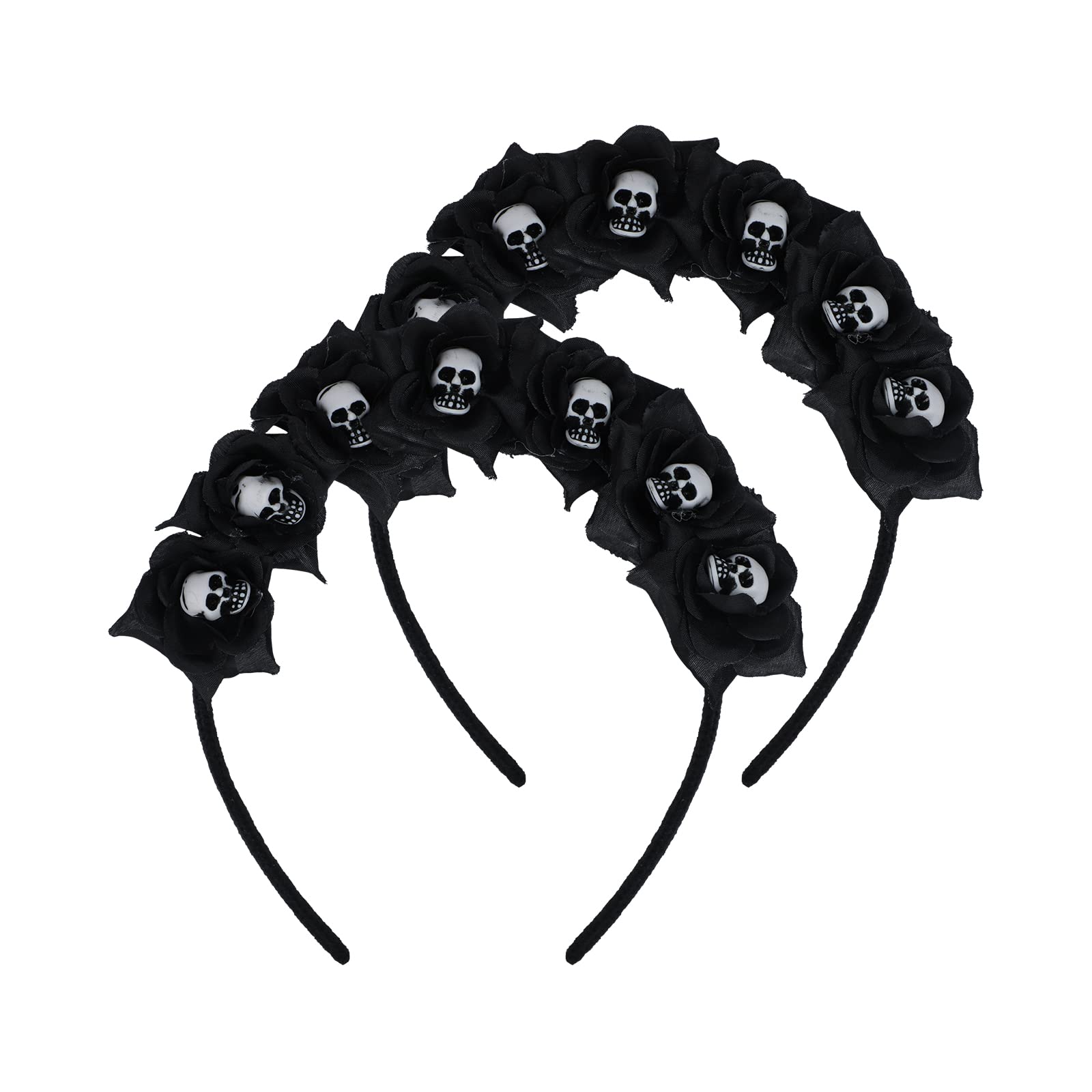 2Pcs Halloween Skull Flower Crown Headband Rose Skeleton Headdress Gothic Flower Hairband Elastic Floral Hair Hoop Novelty Halloween Costume Cosplay Headpiece Fancy Dress Headwear for Women Girls