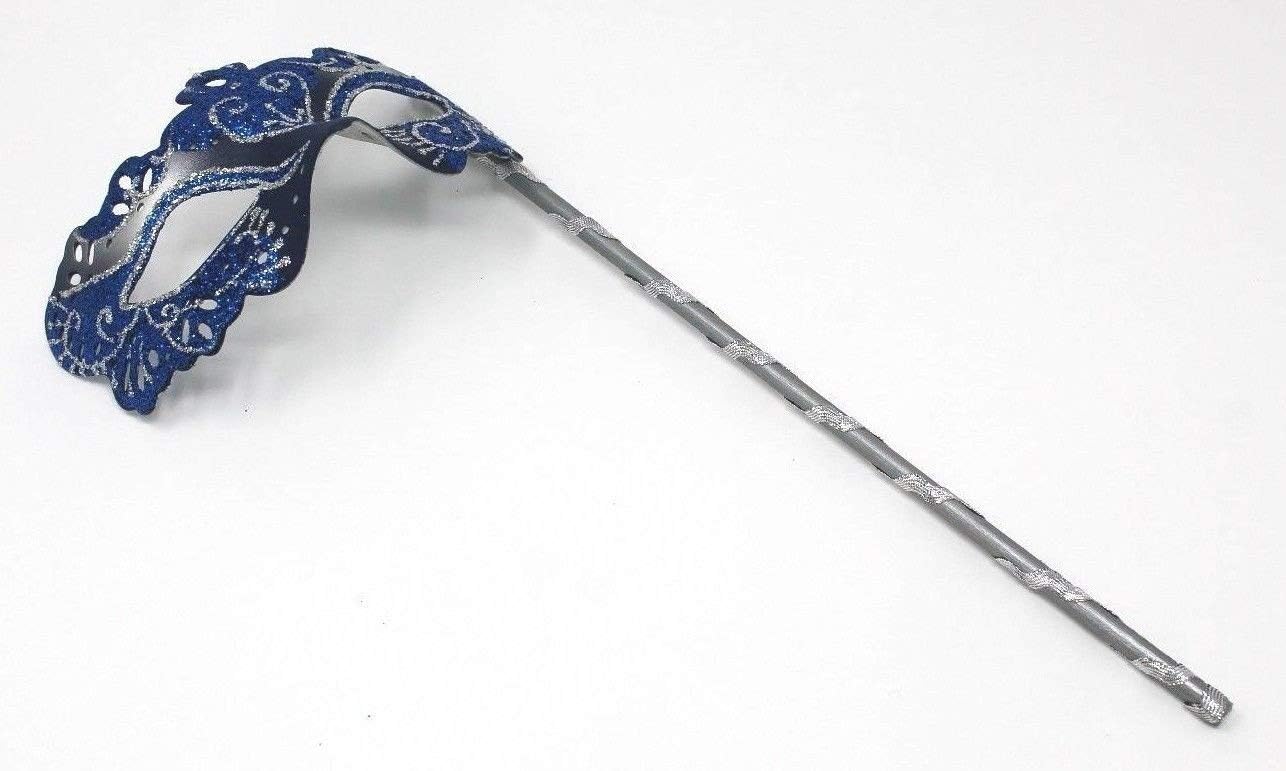 LADIES SPARKLING BLUE & SILVER RIALTO VENETIAN MASQUERADE CARNIVAL PARTY EYE HAND HELD MASK ON A STICK - Image 5