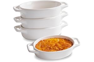 Cafort Set of 4 Pack Porcelain Ramekins,4 OZ Oval Creme Brulee Ramekins with Handles Heat Small Baking Dish for 1-2 People,Ov