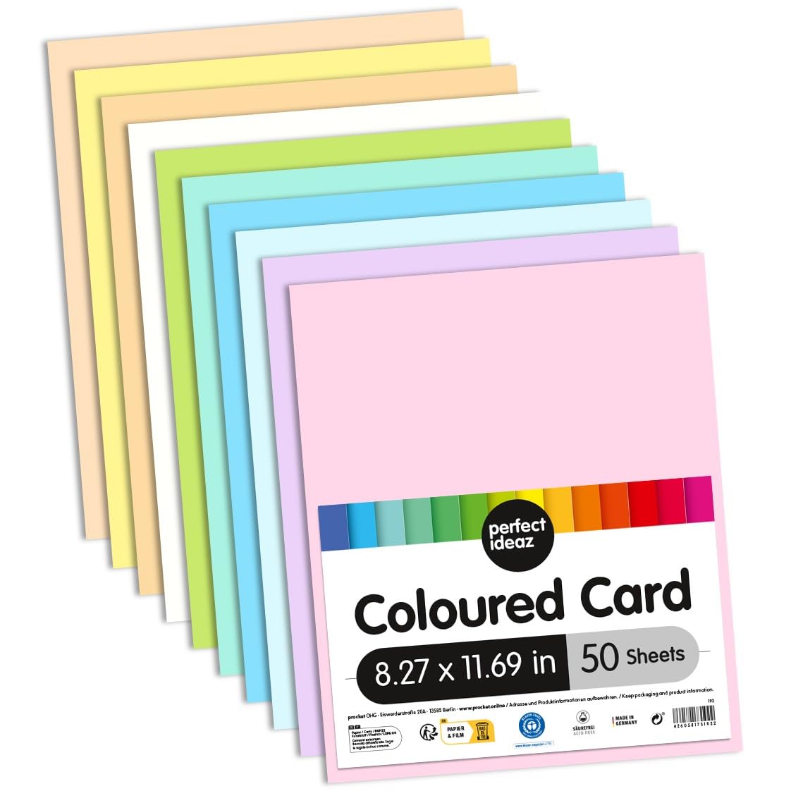 perfect ideaz 50 Sheets DIN-A4 Coloured Photo Card, Craft Carton, 10 Pastel Colours, Tinted Drawing Paper