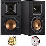 Klipsch R-14M Reference Bookshelf Monitor Speakers Bundle includes Speaker Pair (2 Speakers), 100ft of Select Series 16AWG Speaker Wire and 5-Pair Brass Speaker Banana Plugs Open Screw Type