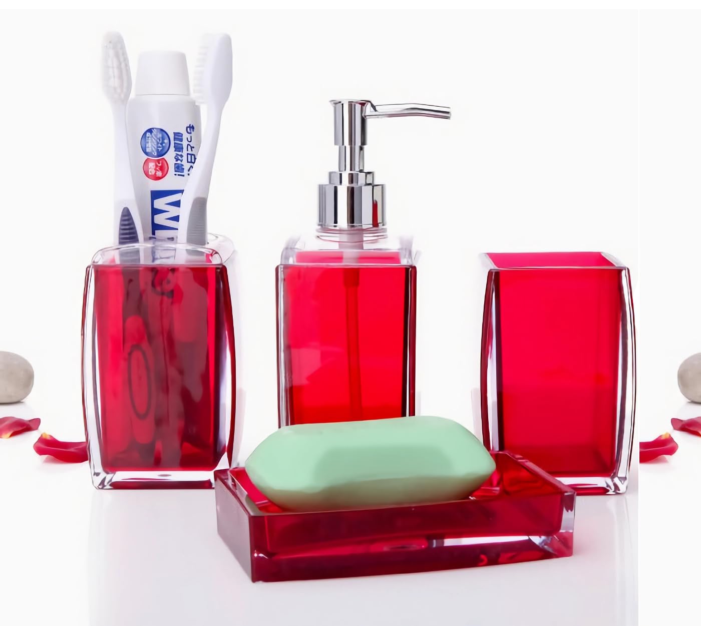 Photo 1 of Red Bathroom Accessories Set ?4 pcs Acrylic Bathroom Accessory Set with Soap Dispenser,Soap Dish, Toothbrush Holder, Tumbler, Modern Bathroom Accessories Decor,Gift for Home
