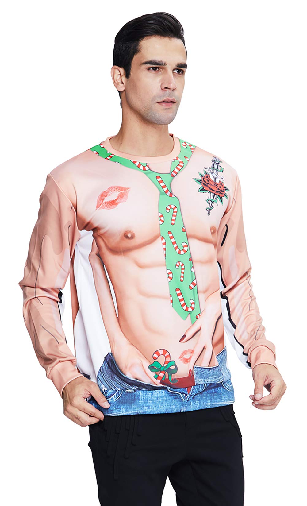 Chest Muscle Sweatshirt for Women Men Sexy Hand Green Tie Silk Stretch Loos Fit Chirstmas Outfit Cheesy Graphic Bring Color Tops for Special Occation Brown (Chirstmas R,L)