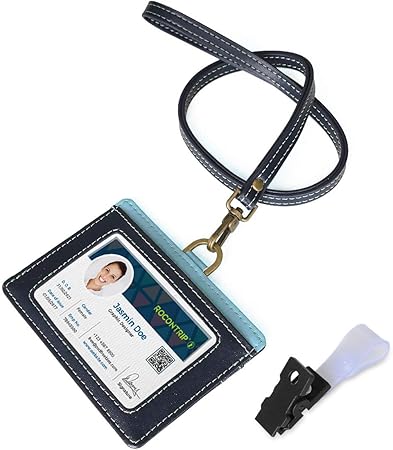 Amazon Co Jp ネームホルダー 牛本革 Idカードホルダー 両面用 横型 社員証 名札 定期入れ パスケース ネックストラップ ２ポケット ダークブルー シューズ バッグ