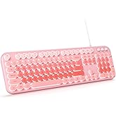 MOWUX Wired Keyboard with Backlit, Light Up Computer Keyboards with Multimedia Keys, Full Size Wired Keyboard with Illuminated LED, Plug and Play, Anti-Wear Letters for Laptop, Desktop- Pink Colorful
