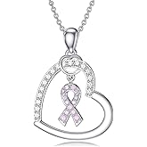 AOBOCO Sterling Silver Breast Cancer Awareness Necklace Survive Pink Ribbon Pendant Gifts for Women